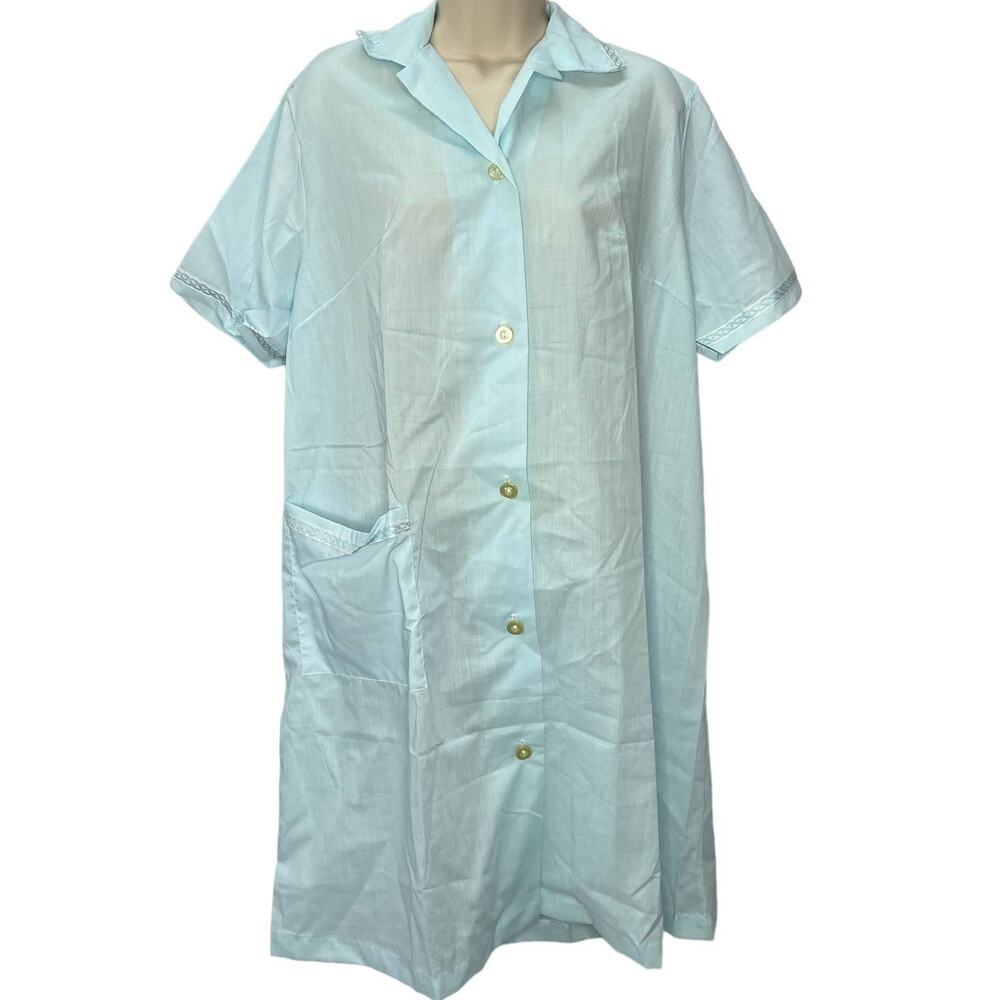 Vintage Figurfit Womens Housecoat Robe Blue Short Sleeve Size M Button Pocket